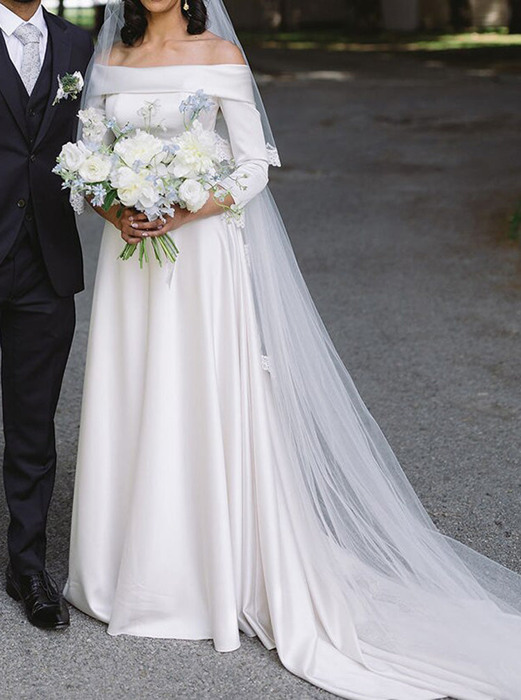 navy blue dress for baby girl Custom-Made A-line Off-shoulder Wedding Dress — $1,990
