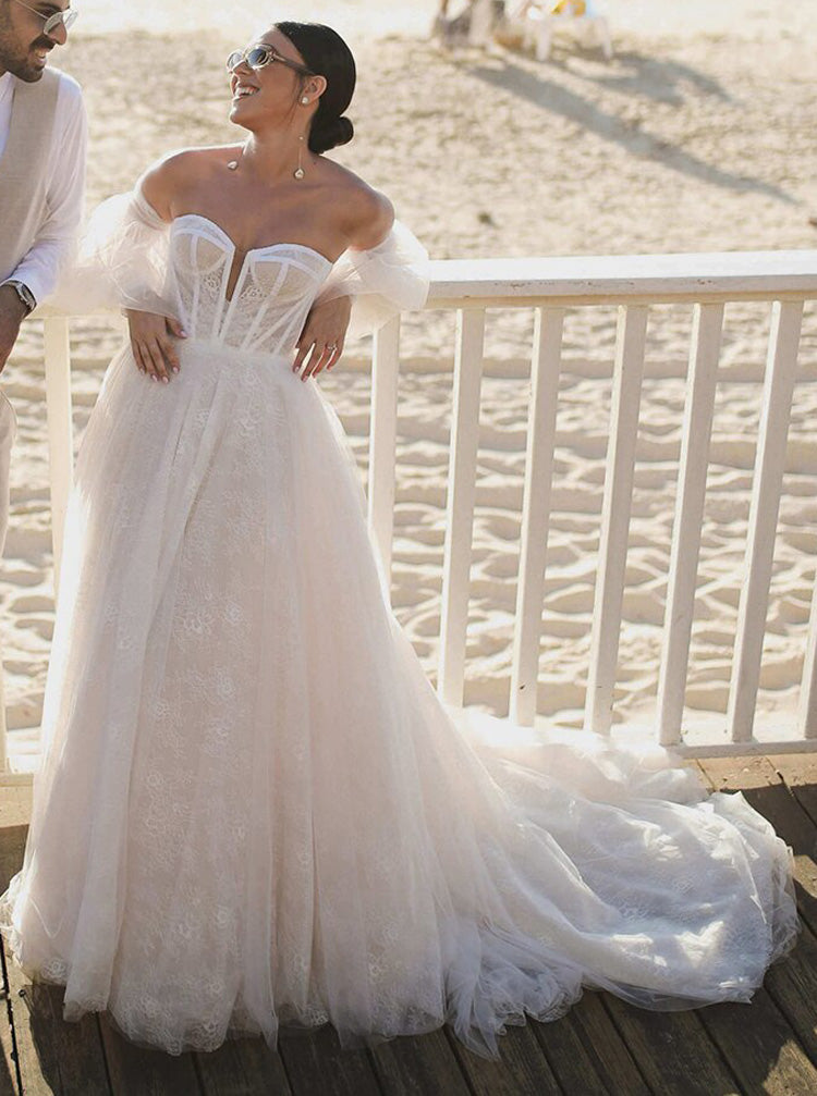 Boho Lace Wedding Dress,A-line Strapless Wedding Dress With Detached S - Wishingdress Boho Lace Wedding Dress,A-line Strapless Wedding Dress With Detached S - Wishingdress