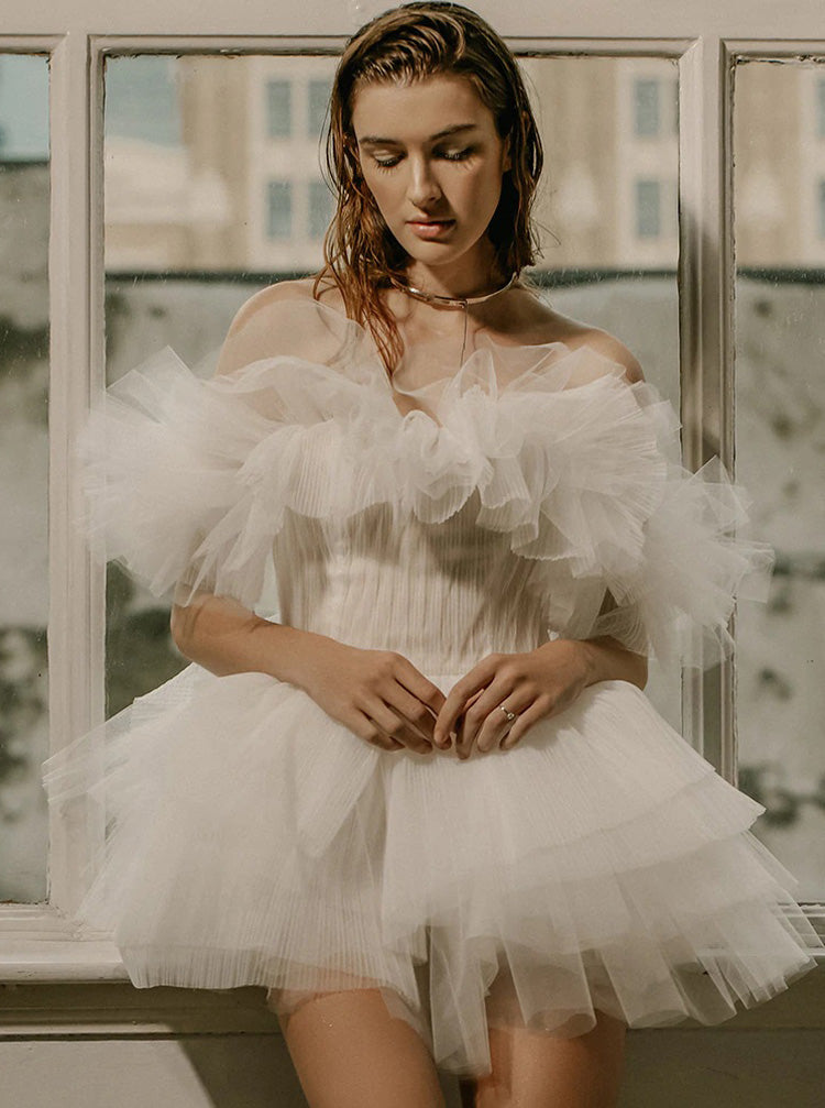 Short Wedding Dress With Detachable Train Casual Ruffled Wedding