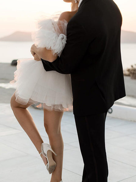 Short Wedding Dress With Detachable Train, Casual Ruffled Wedding Dress,WD00894