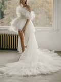 Short Wedding Dress With Detachable Train, Casual Ruffled Wedding Dress,WD00894