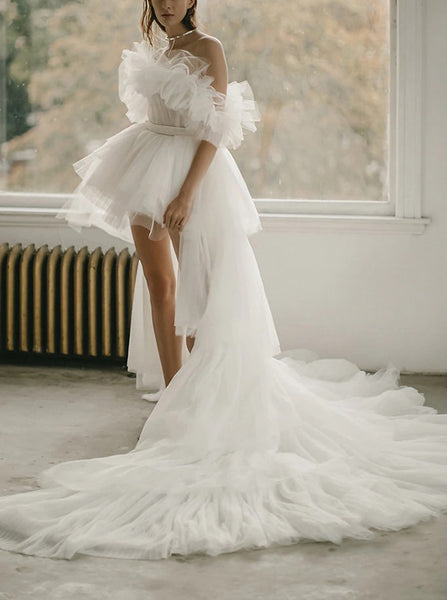Short Wedding Dress With Detachable Train, Casual Ruffled Wedding Dress,WD00894