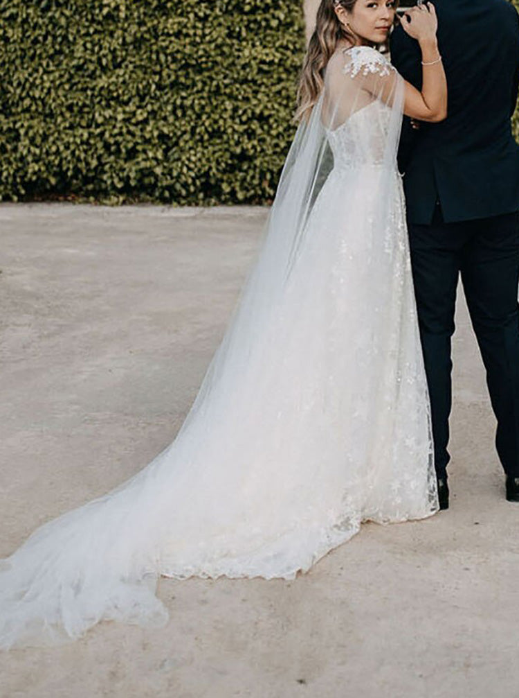 A-line Star Lace Wedding Dress With Cape,Destination Bridal Dress,WD00895, US24W / Champagne