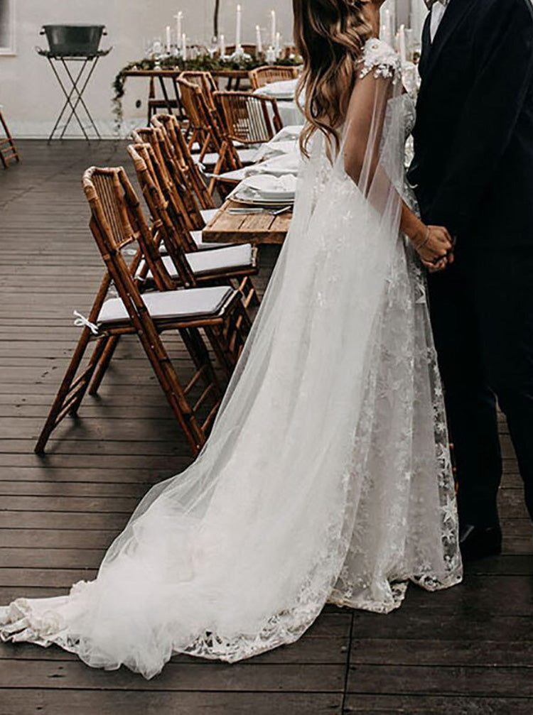 knee length dresses for ladies Sparkly Moon Star Lace Wedding Dresses Flare Sleeve ZW468 -