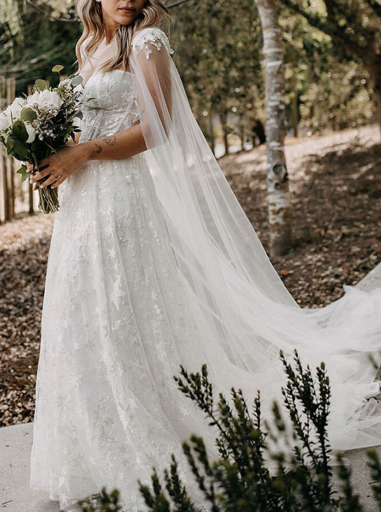 A-line Star Lace Wedding Dress With Cape,Destination Bridal Dress,WD00895, US24W / Champagne A-line Star Lace Wedding Dress With Cape,Destination Bridal Dress,WD00895, US24W / Champagne