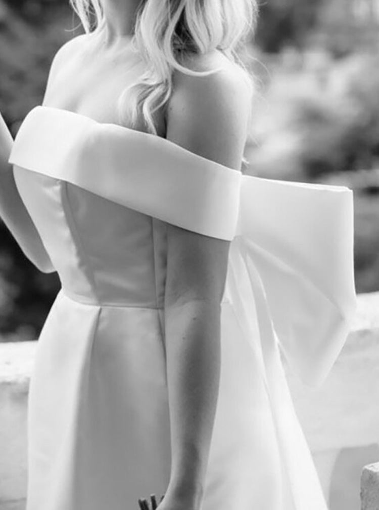 A-line Short Wedding Dress With Big Bow,Off The Shoulder Satin Wedding Dress,WD00896, US8 / Ivory A-line Short Wedding Dress With Big Bow,Off The Shoulder Satin Wedding Dress,WD00896, US8 / Ivory