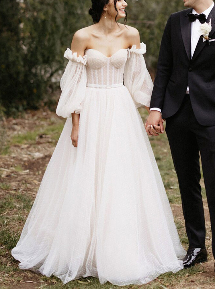 strapless wedding dress with sleeves Boho Dotted Tulle Wedding Dress,Strapless Bridal Gown With Detached Sleeve,WD00898, US4 / Black