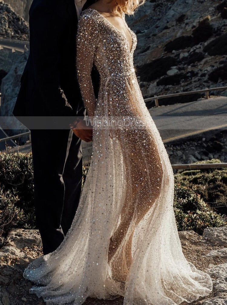 BlingBling Glitter Tulle Wedding Dress,Destination See Through Bridal