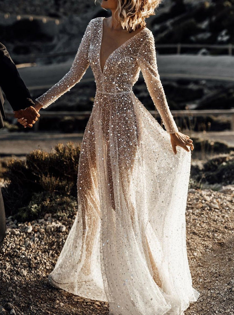 gold sequin top wedding dress Elizabeth K GL3599 - Long Chiffon, Mesh A-Line Dress main image 1