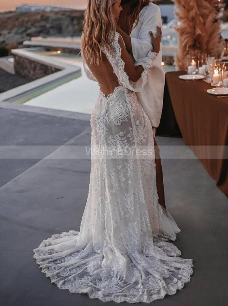 knee length dresses for ladies Long Sleeve Lace Wedding Dresses Lace Up Back Beach Wedding Dress US18 / As Picture