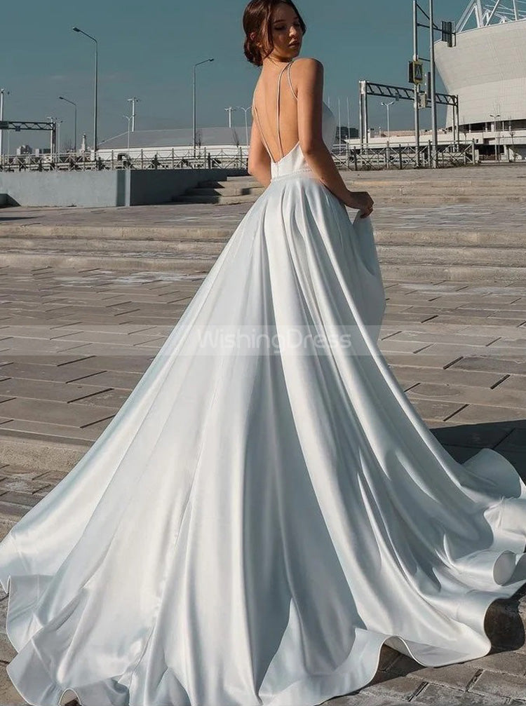 Simple Satin Bridal Gown,Low Back Wedding Dress,WD00918