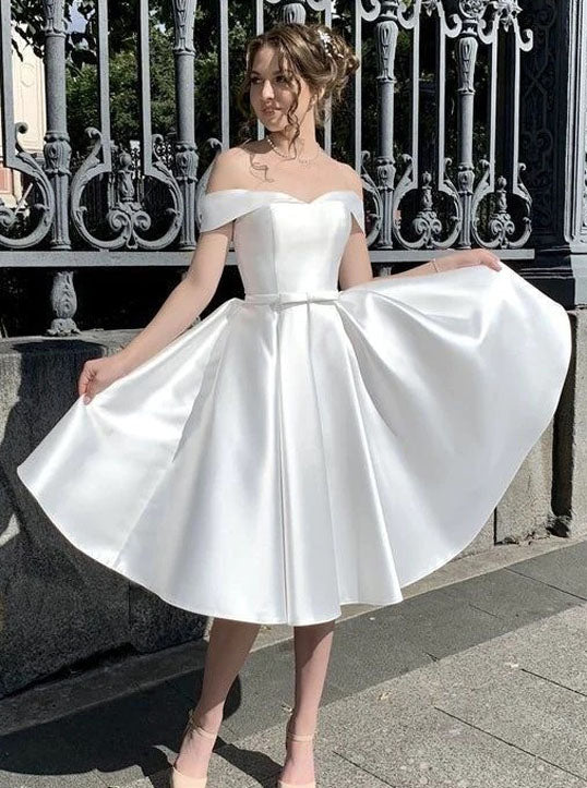 Short Wedding Dress,Off The Shoulder Satin Wedding Reception Dress,WD00923, US18W / Champagne Short Wedding Dress,Off The Shoulder Satin Wedding Reception Dress,WD00923, US18W / Champagne