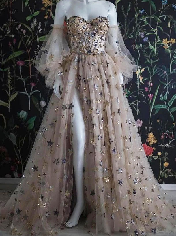 Champagne A-line Bridal Dress With Detached Sleeve,Star Tulle Wedding - Wishingdress Champagne A-line Bridal Dress With Detached Sleeve,Star Tulle Wedding - Wishingdress