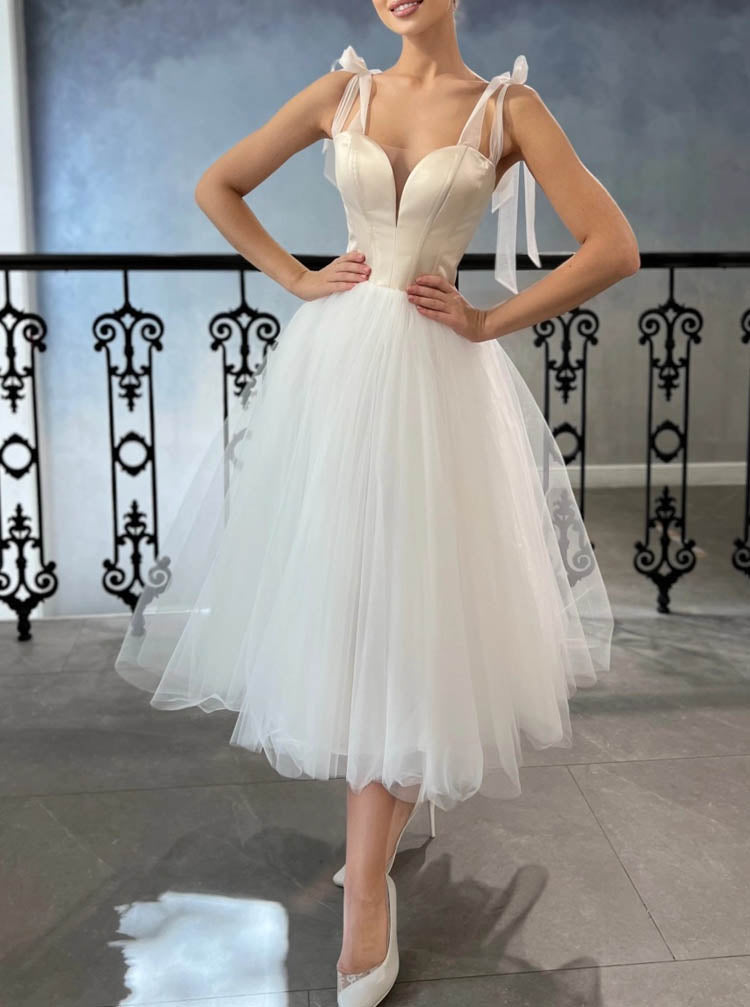 Tie Straps Short Wedding Dress,Tea Length Wedding Reception Dress,WD01