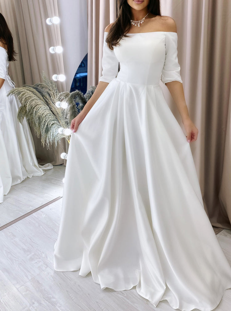 Sleek Satin Wedding Dress,A-line Wedding Gown With Sleeves,WD012001, White / US22W