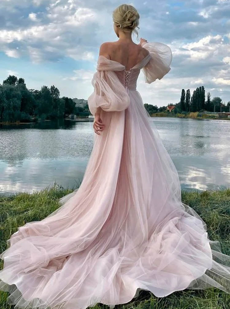 pink long sleeve wedding dress Illusion Puff Sleeve Wedding Dress,Pink Off The Shoulder Wedding Gown,WD2510131607, Black / US10