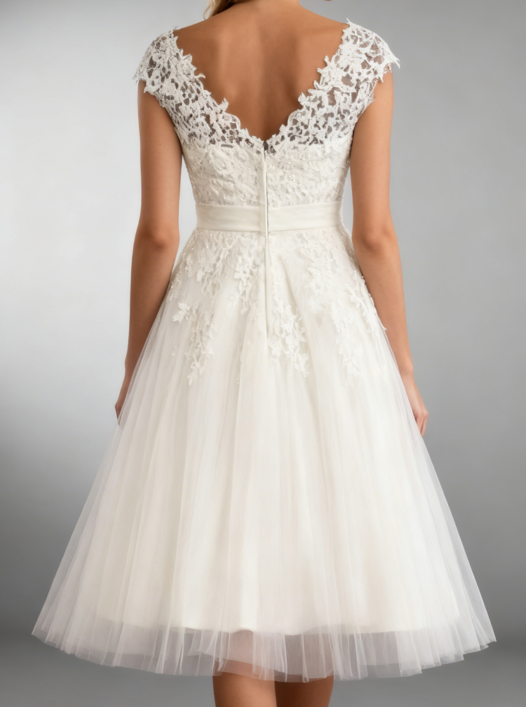 Ivory A-line Wedding Reception Dresses,Tea Length Elegant Wedding Dres