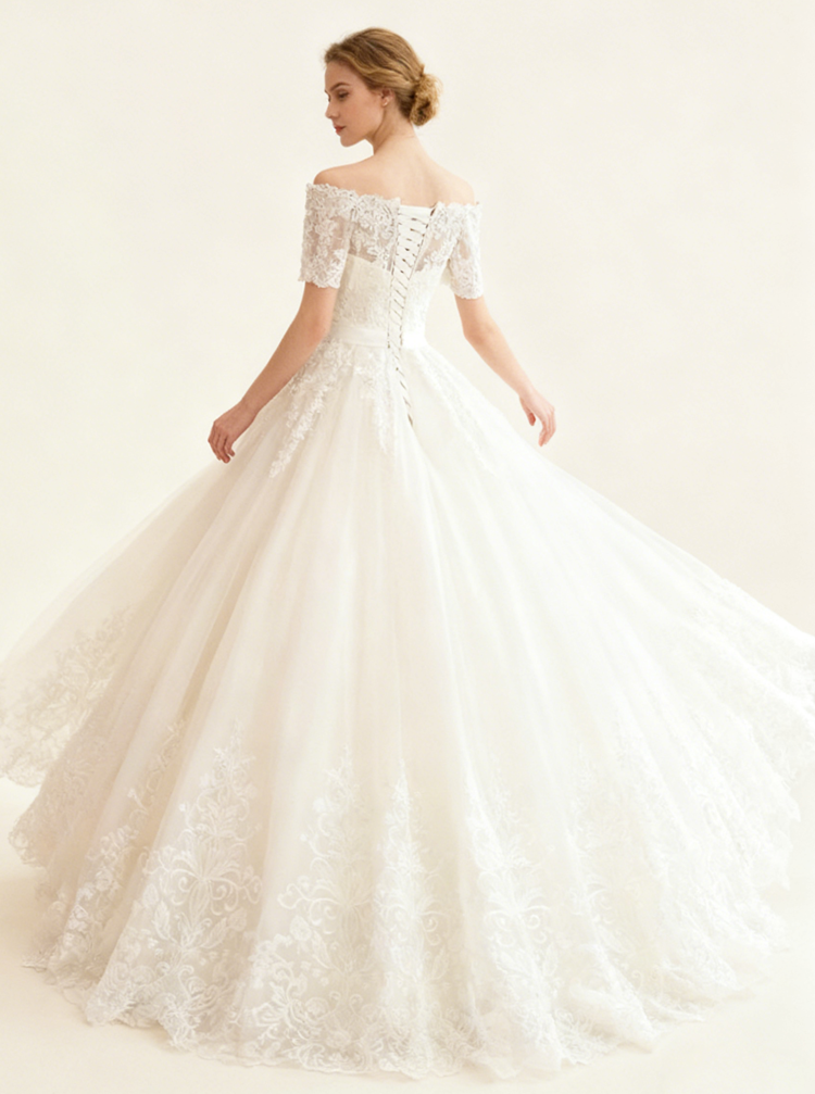 princess neckline wedding dress Princess Wedding Dresses,Wedding Gown with Short Sleeves,Floor Length Bridal Dress,WD00285, US22W / White