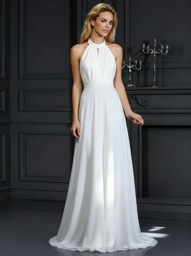 halter chiffon beach wedding dress Halter Sleeveless Illusion Chiffon A-Line Beach Wedding Dress – Liymc main image 0