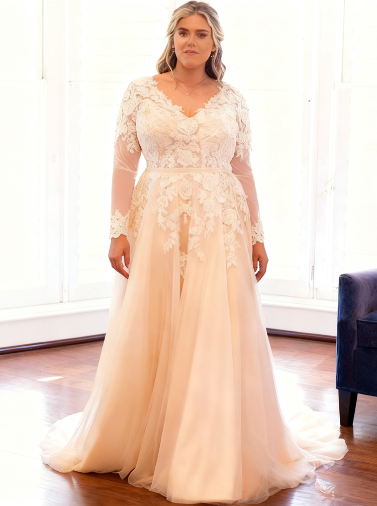 Plus Size Wedding Dresses,Wedding Dress with Long Sleeves,Aline Wedding Dress,WD00174, US10 / Pink Plus Size Wedding Dresses,Wedding Dress with Long Sleeves,Aline Wedding Dress,WD00174, US10 / Pink