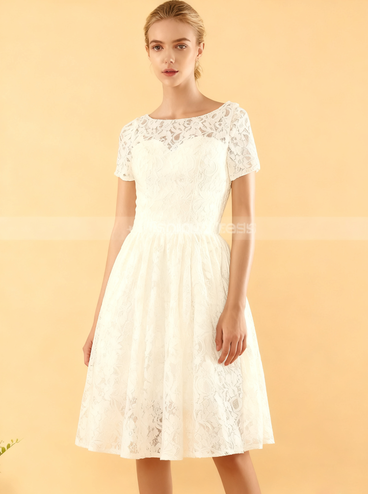 A-line Knee Length Wedding Dresses,Outdoor Lace Wedding Dress with Sho