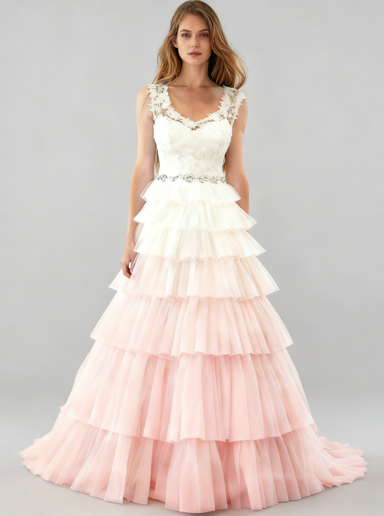 Light Pink Gradient Wedding Dress,Aline Wedding Dresses,Ruffled Wedding Dress,WD00087, US10 / Ivory Light Pink Gradient Wedding Dress,Aline Wedding Dresses,Ruffled Wedding Dress,WD00087, US10 / Ivory