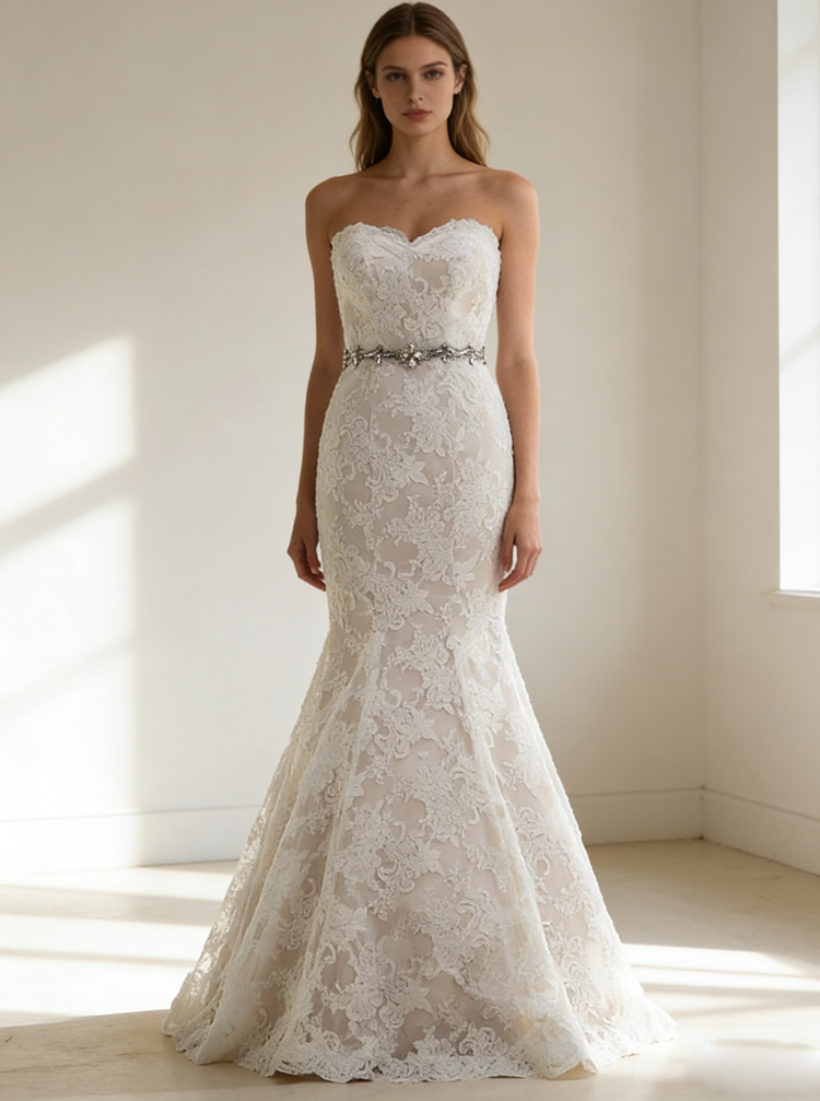 chinese dress ladies Strapless Lace Mermaid Wedding Dress with Sheer Corset Bodice & Tulle –  Viniodress main image 0