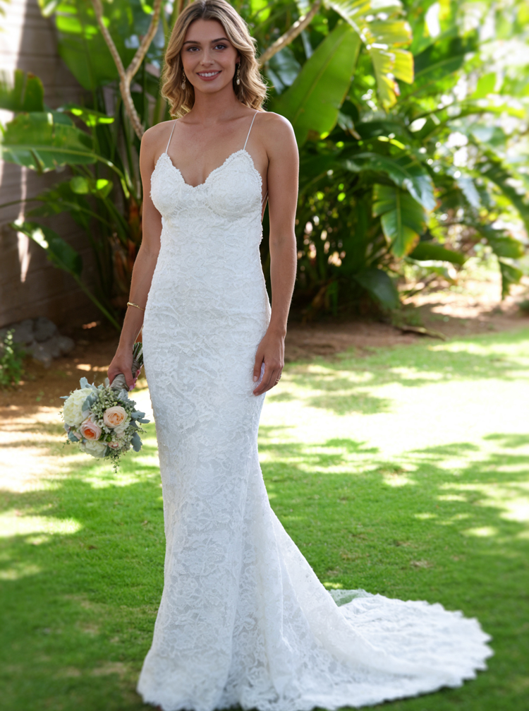 Lace Wedding Dress,Open Back Bridal Dresses,Spaghetti Strap Wedding Dr -  Wishingdress