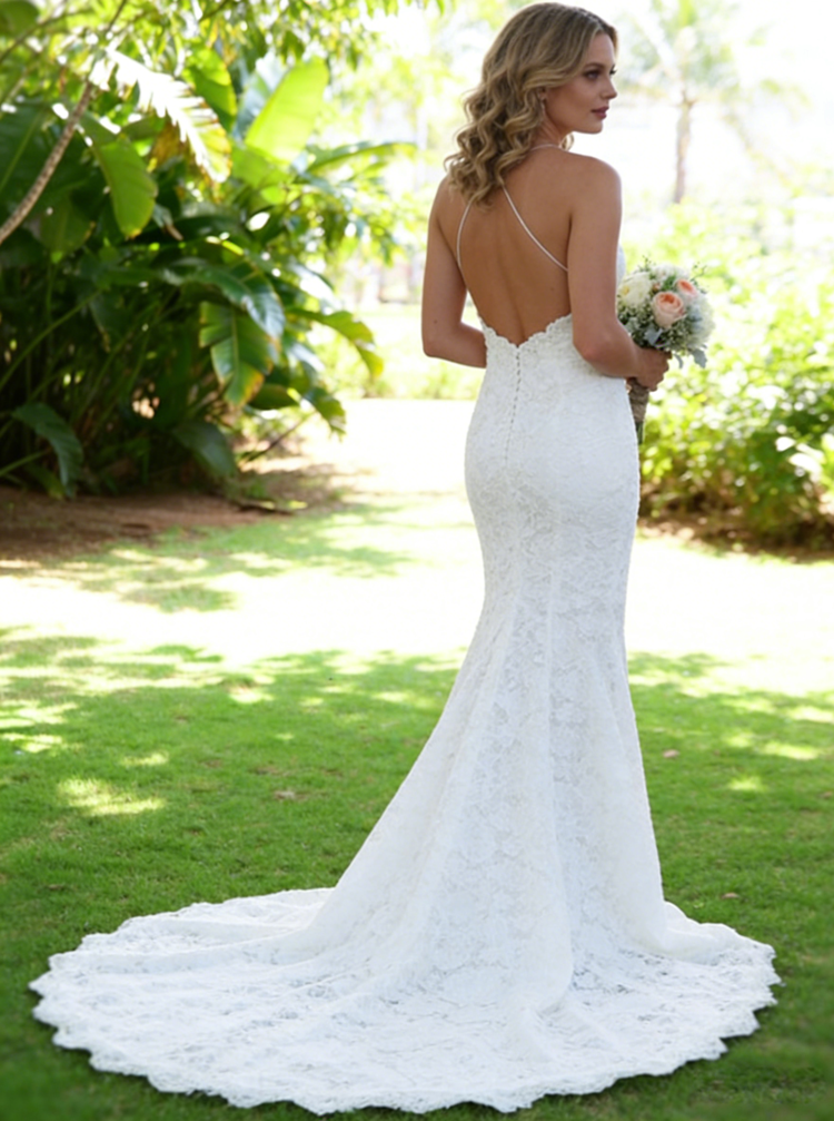 Lace Wedding Dress,Open Back Bridal Dresses,Spaghetti Strap Wedding Dr