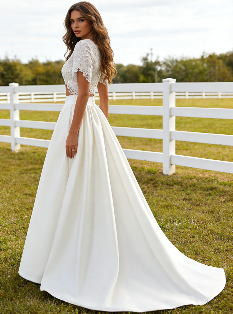 Two Piece Bridal Gown,Satin Bridal Gown,Wedding Dress with Sleeves,WD00231, US4 / Champagne Two Piece Bridal Gown,Satin Bridal Gown,Wedding Dress with Sleeves,WD00231, US4 / Champagne