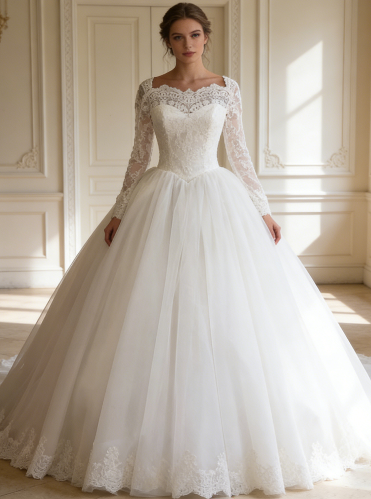 fitted lace wedding dress Off-White Long White Lace Wedding Dress with Sleeves Off White Nude / 16