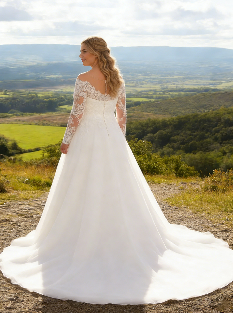 A-line Plus Size Wedding Dress with Sleeves,Illusion Neckline Plus Size Bridal Dress,WD00714, US16W / Ivory