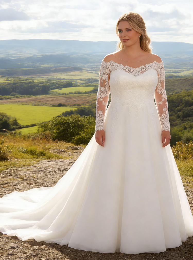 A-line Plus Size Wedding Dress with Sleeves,Illusion Neckline Plus Size Bridal Dress,WD00714, US16W / Ivory