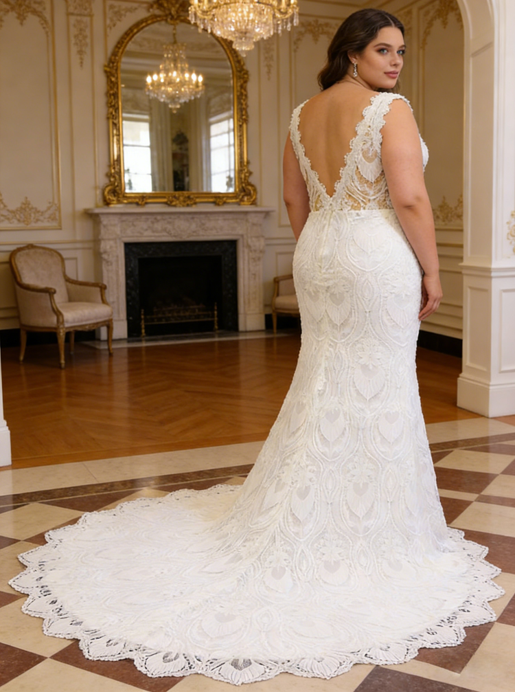 Plus Size Lace Wedding Dress,Fitted V Back Bridal Dress,WD01066 US4 / Ivory