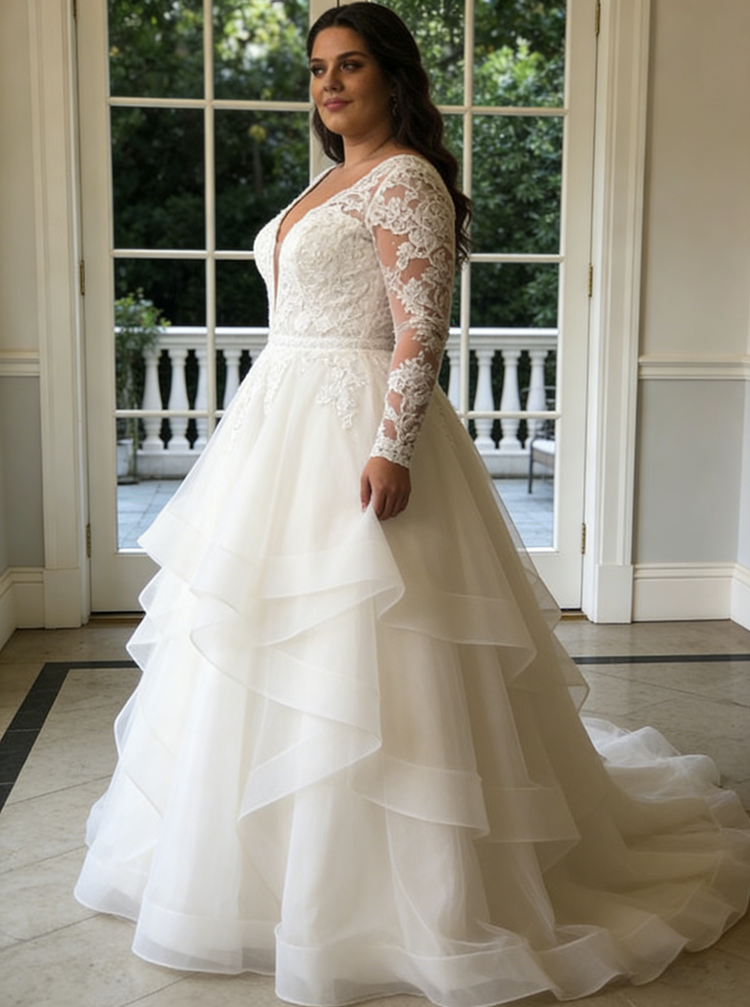 Long Sleeve Illusion Back Plus Size Wedding Dress,V-Neck Plus Size Bri - Wishingdress Long Sleeve Illusion Back Plus Size Wedding Dress,V-Neck Plus Size Bri - Wishingdress