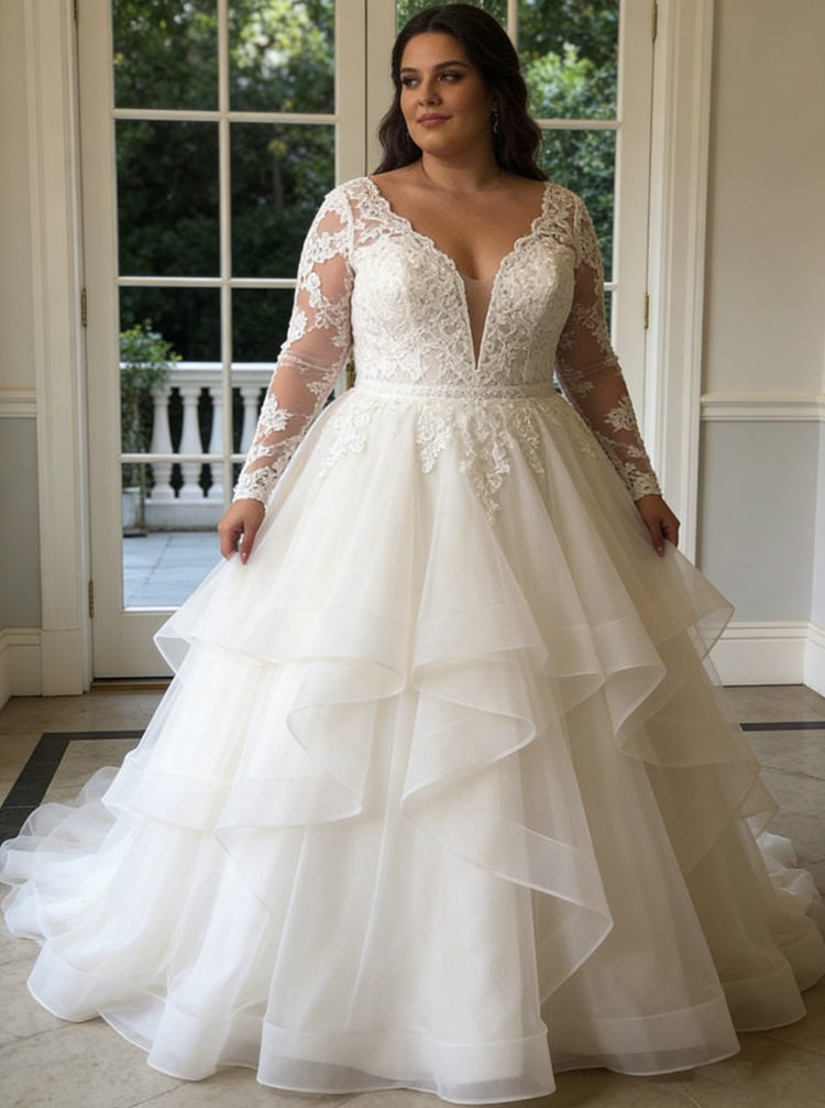 Long Sleeve Illusion Back Plus Size Wedding Dress,V-Neck Plus Size Bri -  Wishingdress