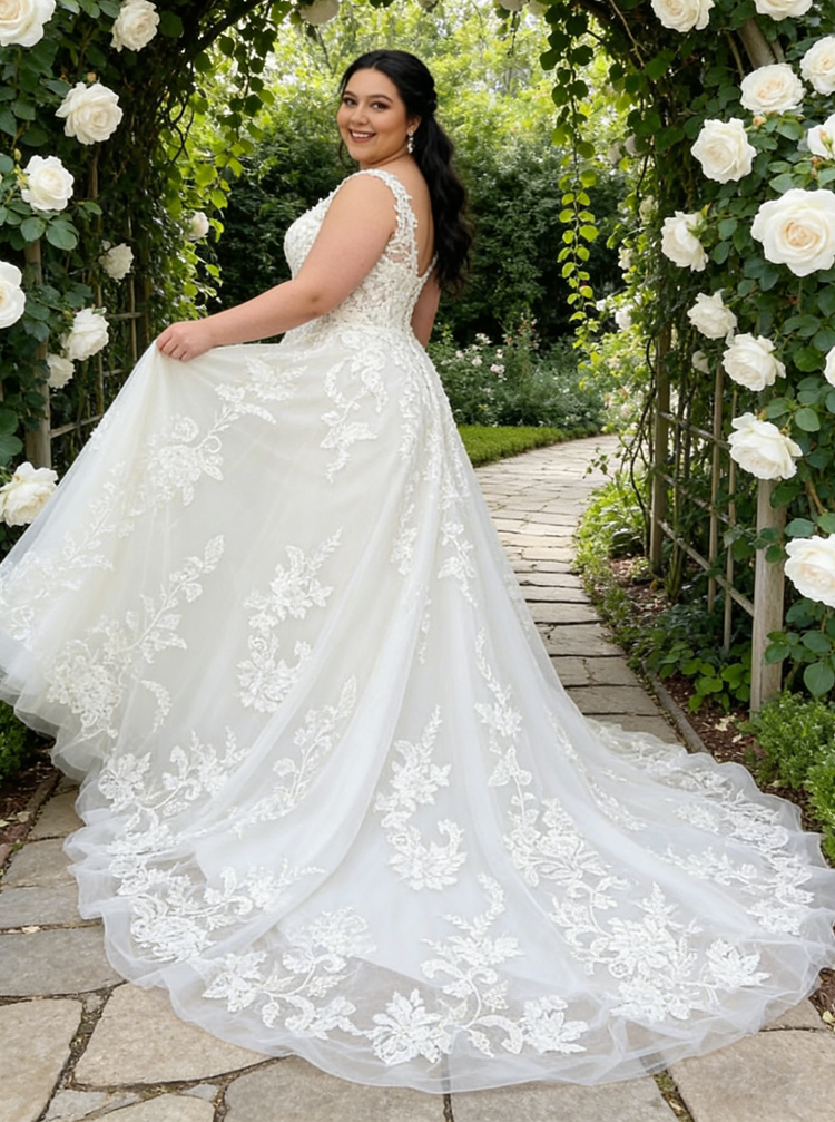Plus Size Lace Wedding Dress,Plunging Neckline Open Back Bridal Dress,