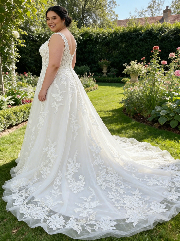 Plus Size Lace Wedding Dress,Plunging Neckline Open Back Bridal Dress,WD00679, US16 / White