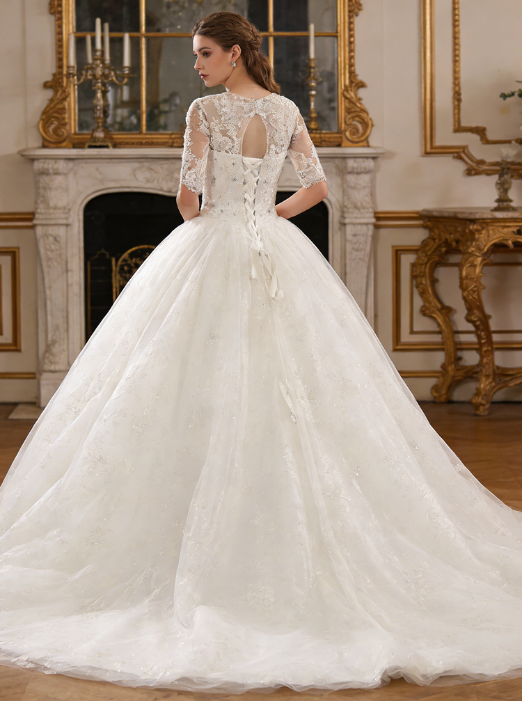 fitted lace wedding dress Classic Ball Gown Wedding Dress with Sleeves,Sequined Tulle Bridal Gow