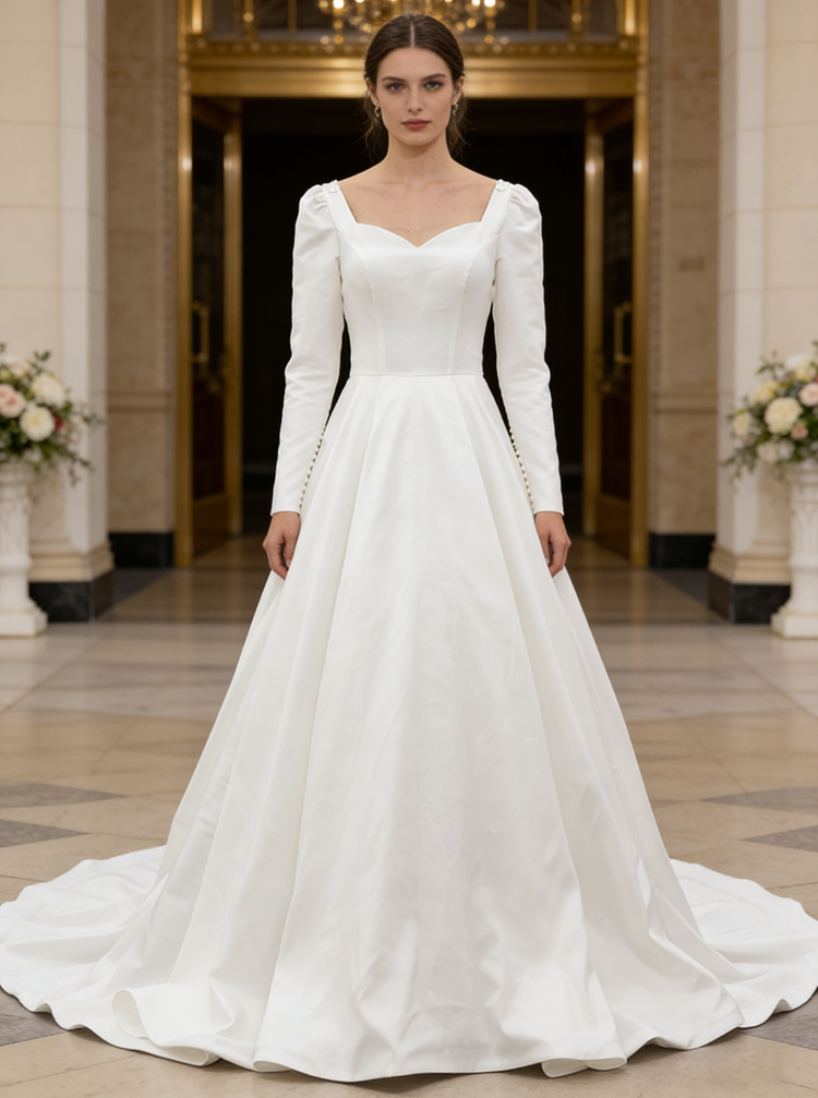 slim fit dress slacks Modest Satin Wedding Gown With Sleeve,Classic Bridal Gown,WD01083