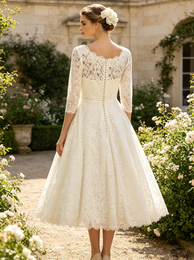 lace tea length wedding dress Vintage Tea-length Dresses Bateau Beautiful Bridal Gown S SELINADRESS Short Sleeve Vintage Lace Wedding Dress,Tea Length