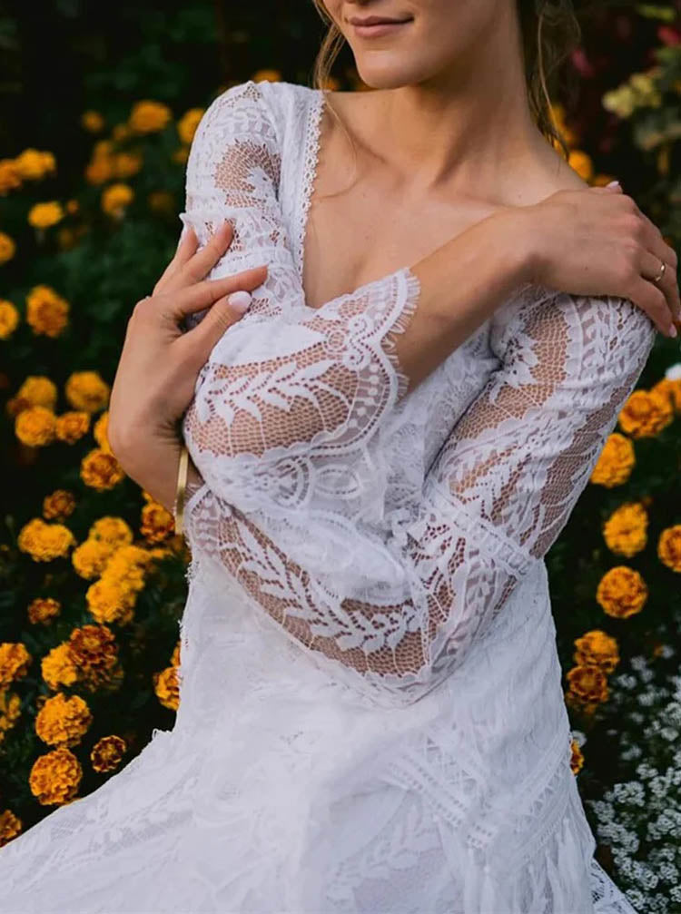 boho lace wedding dress with bell sleeves Boho Lace Wedding Dress,Bell Sleeve Wedding Gown,WD2510331628, White / US22W