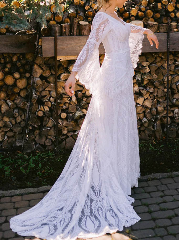 Boho Lace Wedding Dress,Bell Sleeve Wedding Gown,WD2510331628, White / US22W