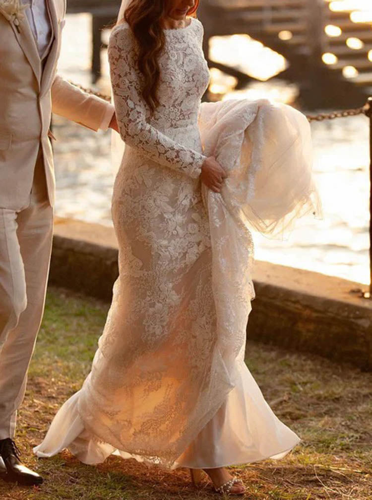 Lace Wedding Dress With Long Sleeve,Open Back Wedding Gown,WD09251506, US10 / Ivory