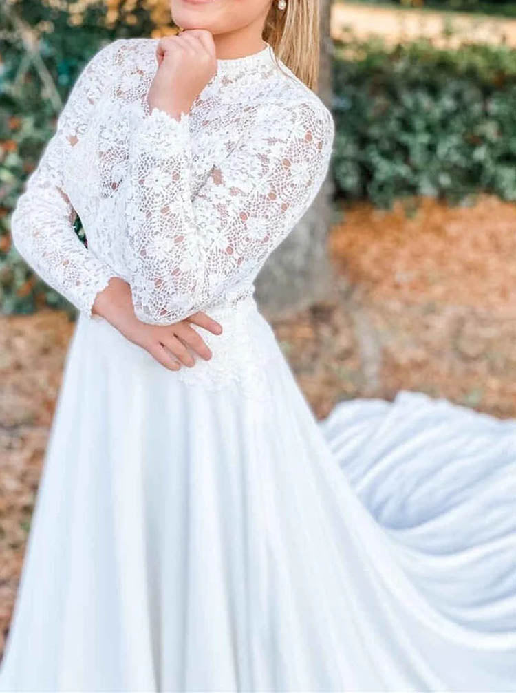 Modest Wedding Dress with Long Sleeve,Chiffon Outdoor Wedding Dress,WD2509171545, Ivory / US6