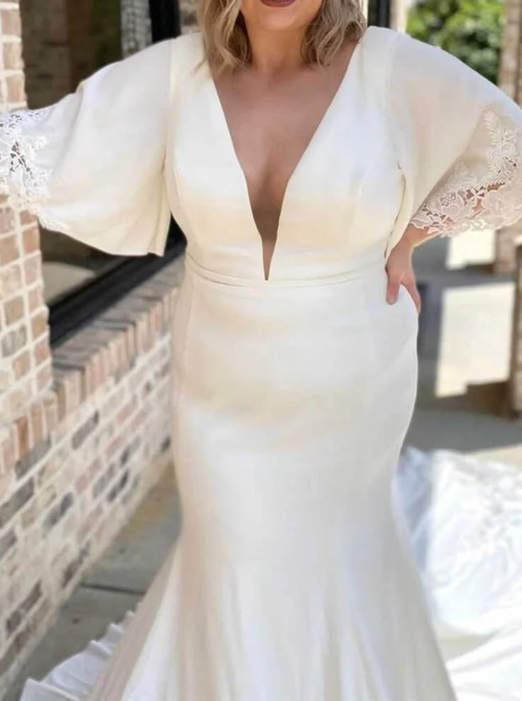 Plus Size Mermaid Wedding Dress,Satin Bridal Dress with Batwing Sleeves,WD2509171532, White / US8 Plus Size Mermaid Wedding Dress,Satin Bridal Dress with Batwing Sleeves,WD2509171532, White / US8