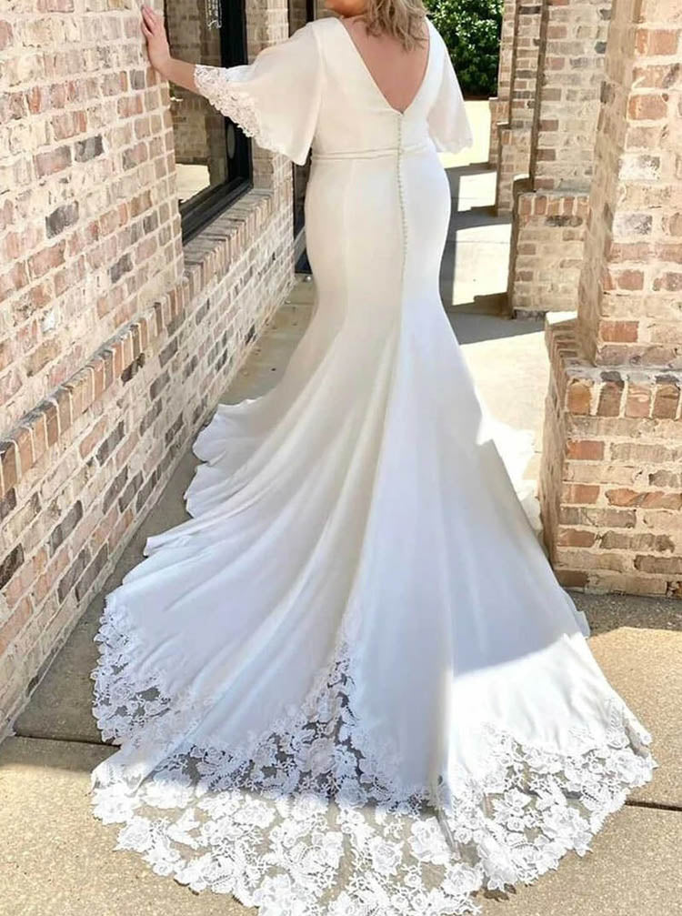 Plus Size Mermaid Wedding Dress,Satin Bridal Dress with Batwing Sleeves,WD2509171532, White / US8
