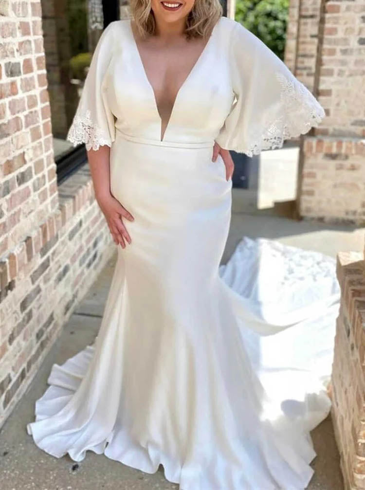 Plus Size Mermaid Wedding Dress,Satin Bridal Dress With Batwing Sleeves,WD2509171532, White / US8