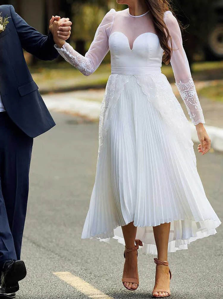 Casual Tea Length Wedding Dress with Sleeve,Pleated Chiffon Wedding Reception Dress,WD09171520, White / US16
