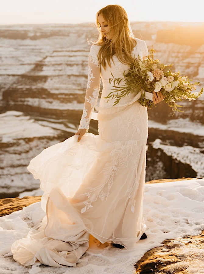 Modest Fit and Flare Wedding Dress,Long Sleeve Ivory Over Champagne Bridal Gown,WD00930, US24W / White